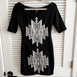 FARM RIO Black Knit Dress MED RARE style Aztec Embroidered
